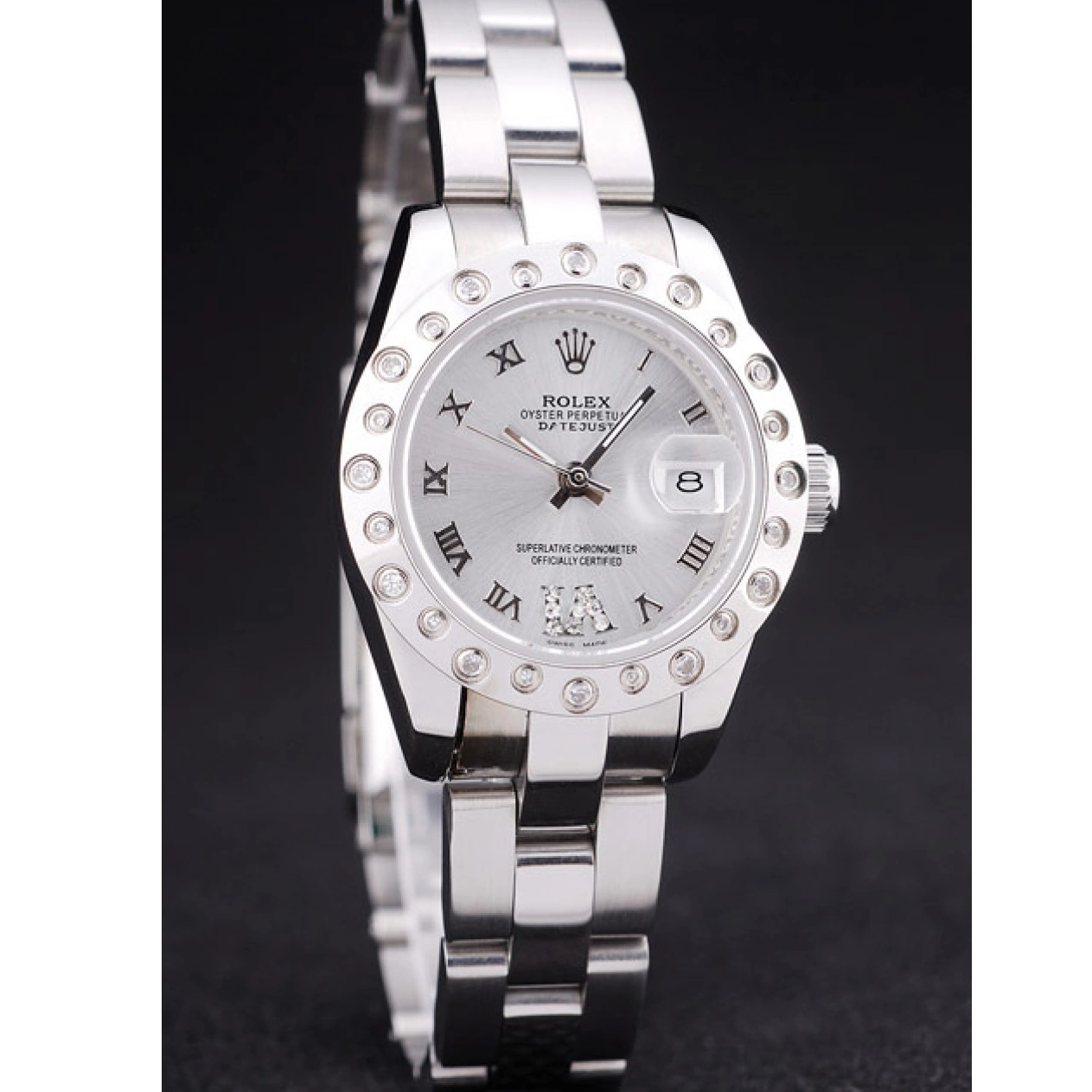 Aaa fake watches Silver Datejust Dial Silver 7474 Rolex Polished Bezel Diamonds 0727